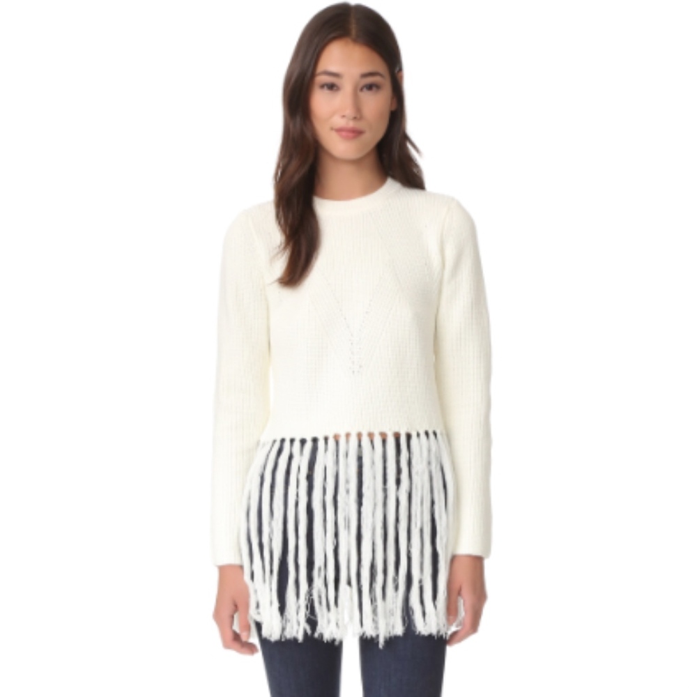 Moon River Long Fray Fringe Knit Ivory Sweater S